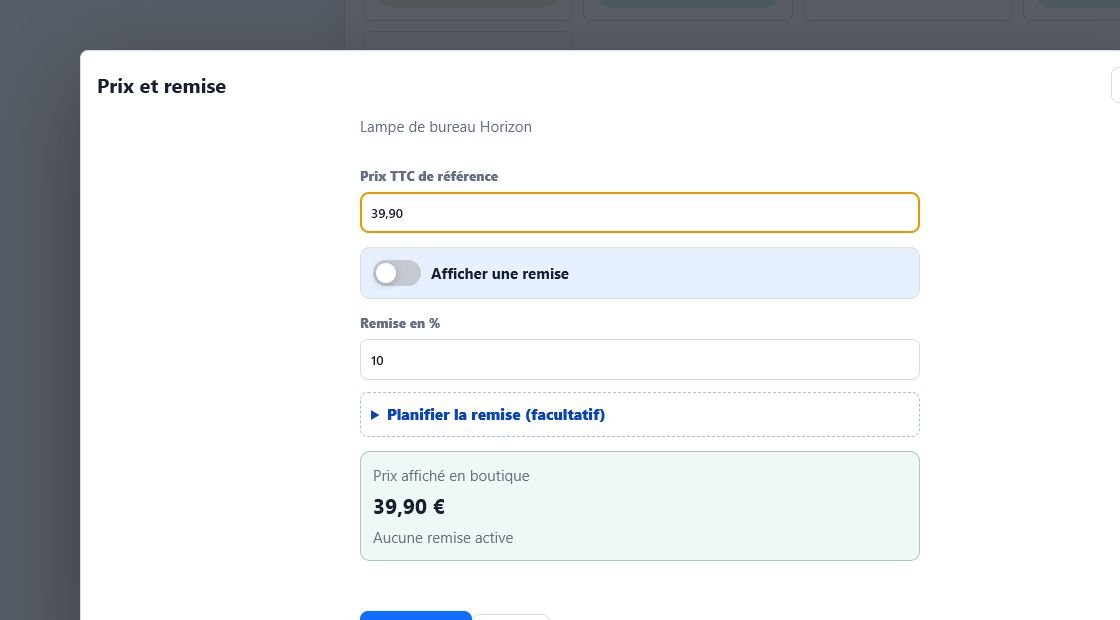 Capture réelle générique vérifiée : La fenêtre Prix et remise